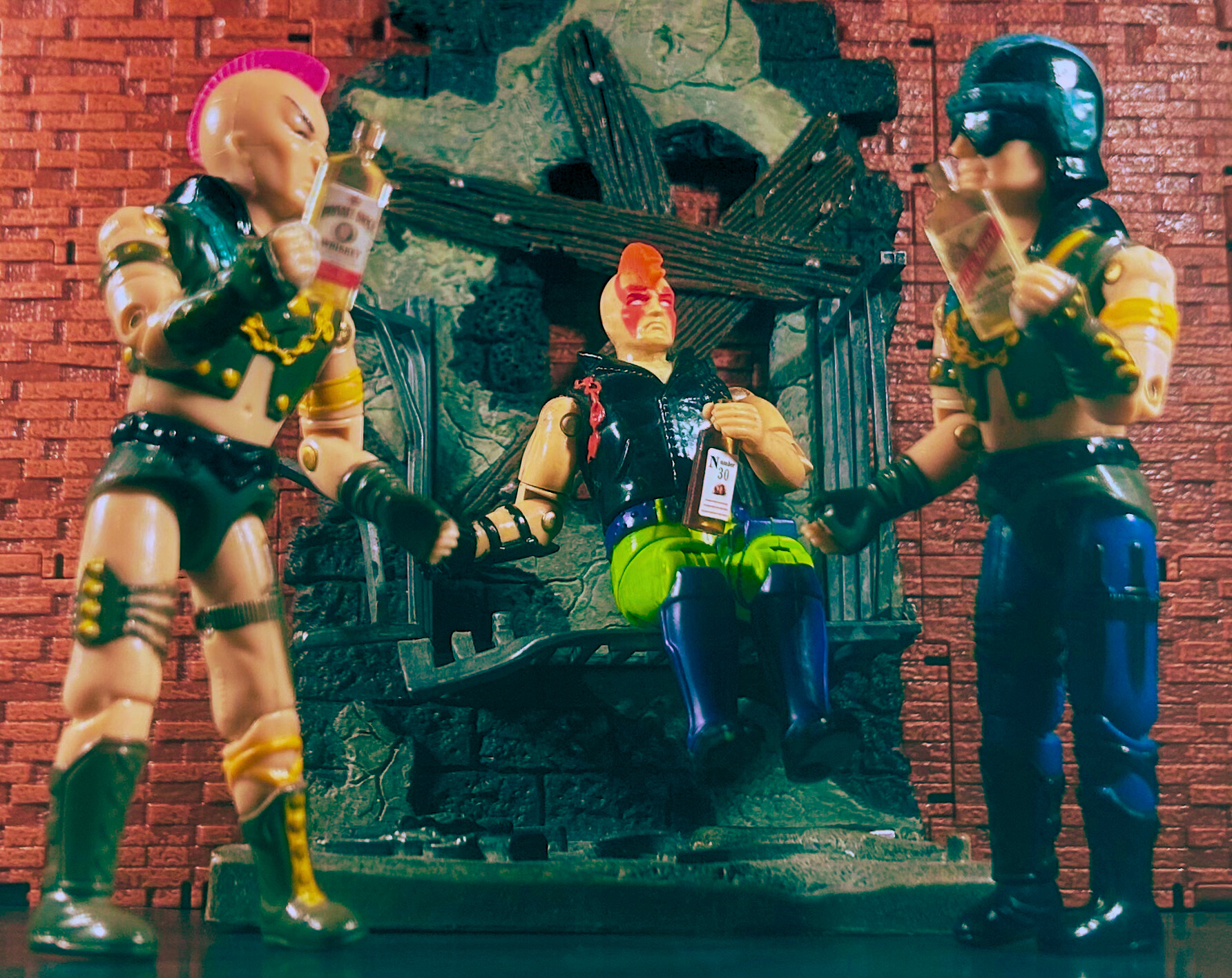 1993 GI Joe Zartan (Ninja Force) with Whipsering Willie and Crowbar from The Corps!, drinking in an alley