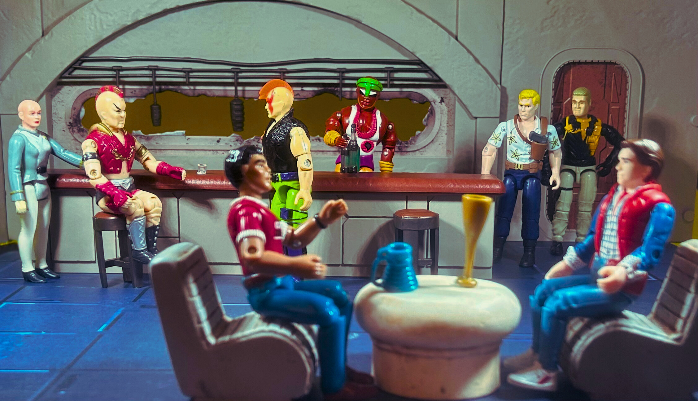 1993 GI Joe Zartan (Ninja Force) hanging out at a seedy bar. Chuckles and Mace just walked in