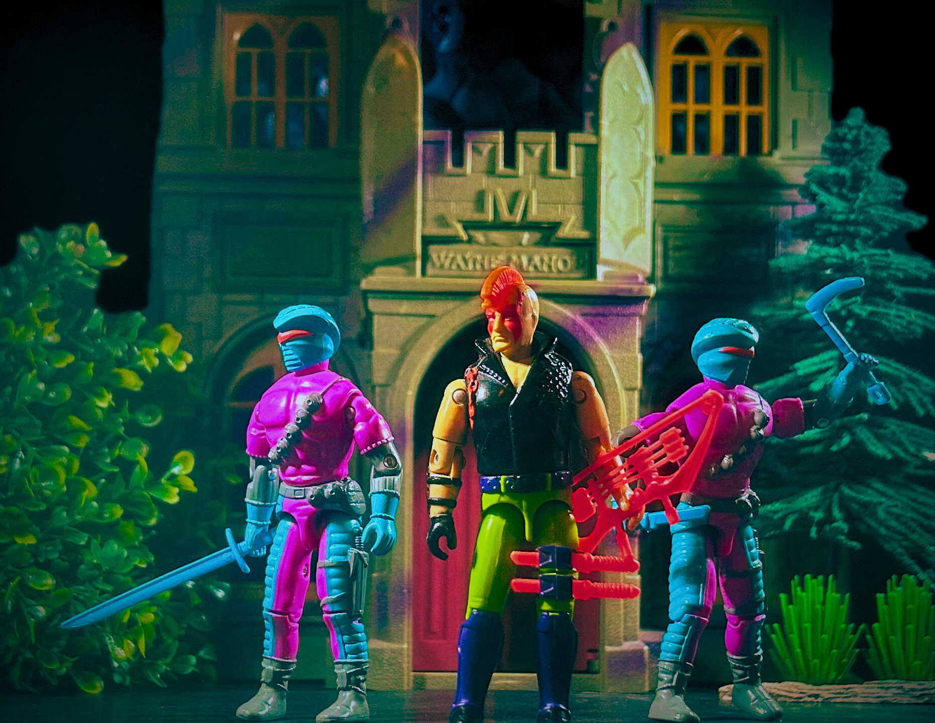1993 GI Joe Zartan (Ninja Force) with two Night Creepers, standing in front of a mansion