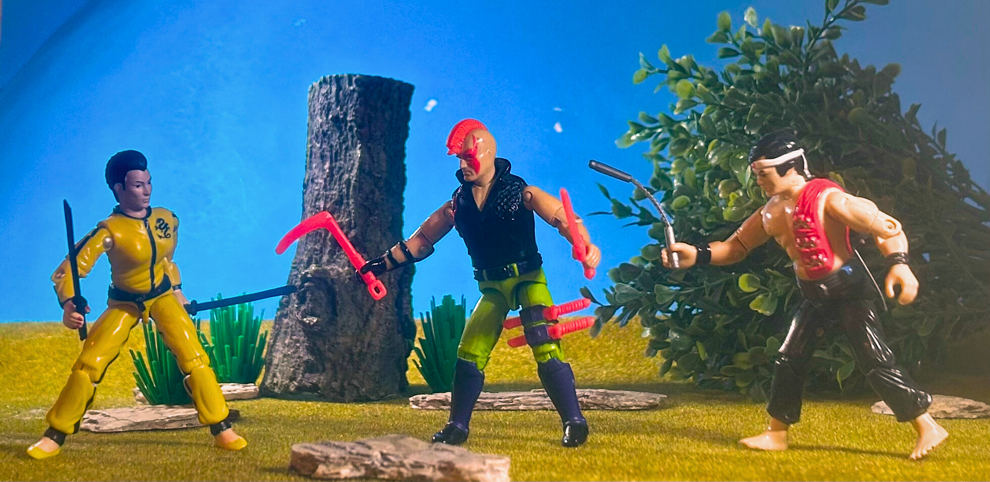 1993 GI Joe Zartan (Ninja Force) fighting Jinx and Quick Kick in a forest
